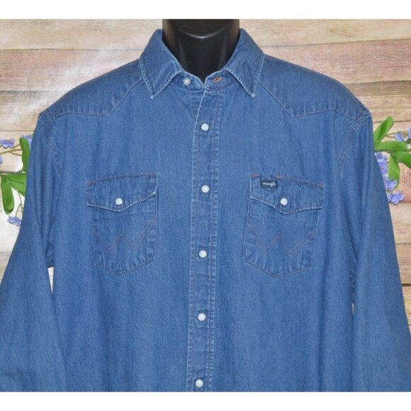Vintage Wrangler Pearl Snap Denim Jean Shirt Men's XL Cowboy Workwear Classic - Picture 2 of 8